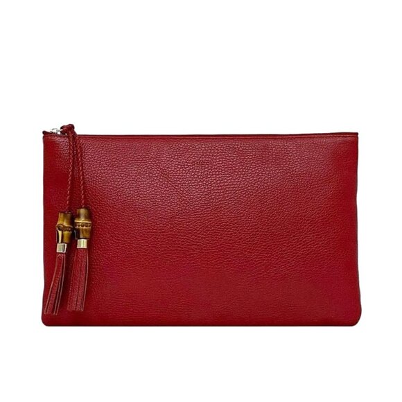 Gucci Clutch Bag Red Bamboo Pouch Leather